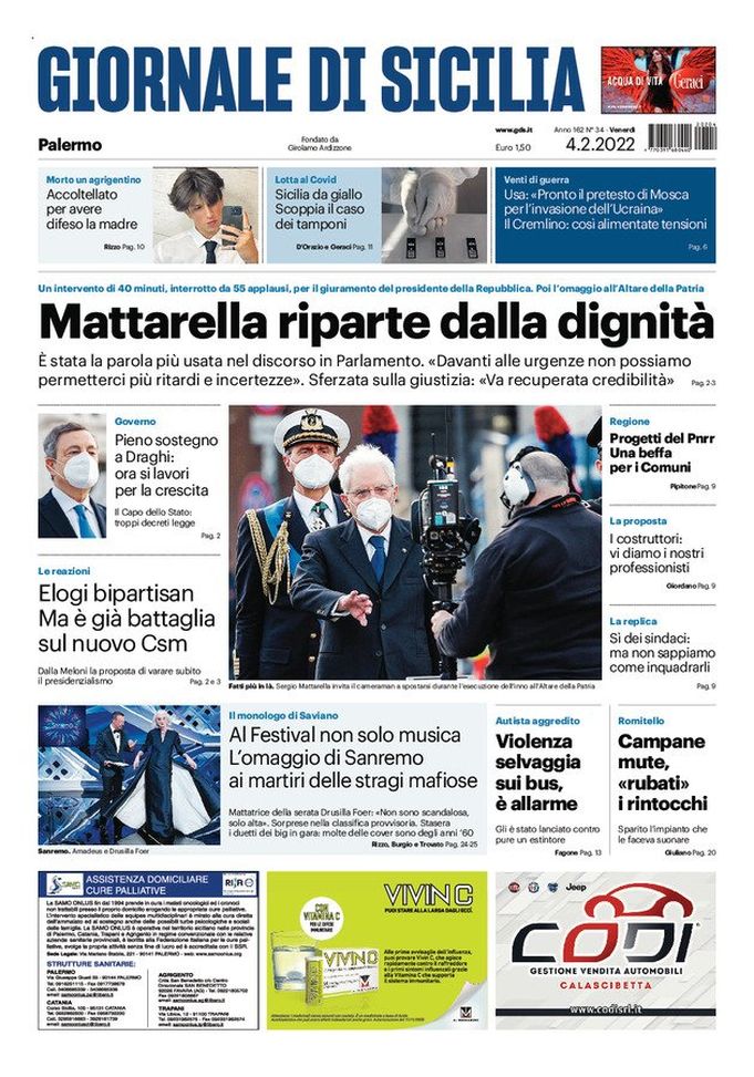 Prima Pagina, Giornale di Sicilia: “Mattarella riparte dalla dignità”  Prima Pagina