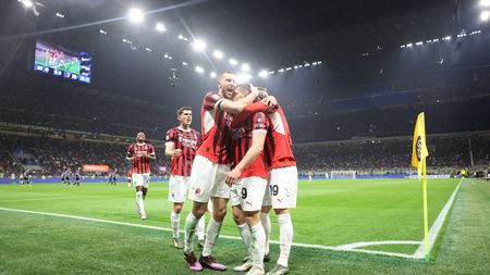 MILAN, ITALY - APRIL 23: Luka Jovic of AC Milan celebrates with team-mates after scoring the goal during the Coppa Italia Semi Final match between FC Internazionale and AC Milan at Stadio Giuseppe Meazza on April 23, 2025 in Milan, Italy. (Photo by Claudio Villa/AC Milan via Getty Images)