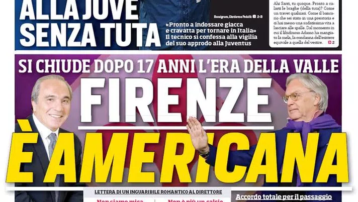 Prima Pagina, Corriere dello Sport: &#8220;Firenze è americana. Sarri alla Juve senza tuta. Fonseca alla Roma&#8221;