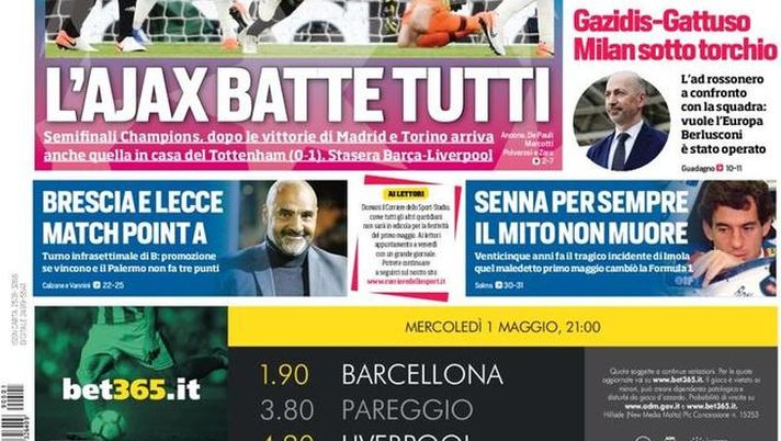 Prima Pagina, Corriere dello Sport: &#8220;L&#8217;Ajax batte tutti. La Juve fa cassa. Brescia e Lecce, match point A&#8221; 