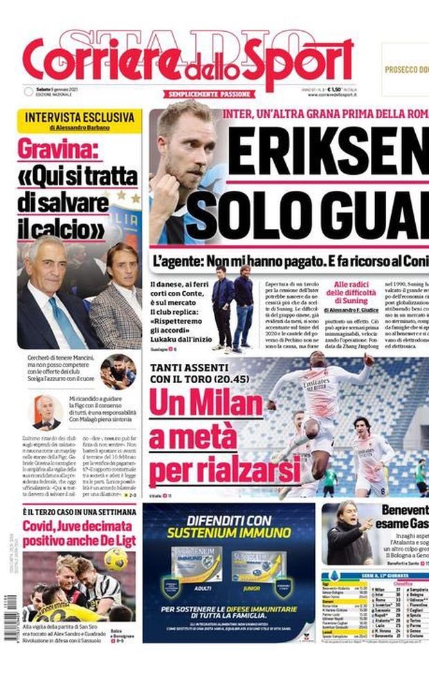 Prima Pagina, Corriere dello Sport: “Eriksen solo guai. Un Milan a metà per rialzarsi” 