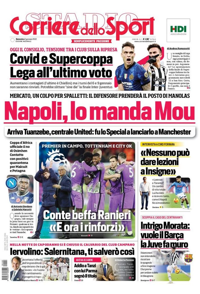 Prima Pagina, Corriere dello Sport: “Napoli, lo manda Mou. Covid e Supercoppa…” - immagine 1