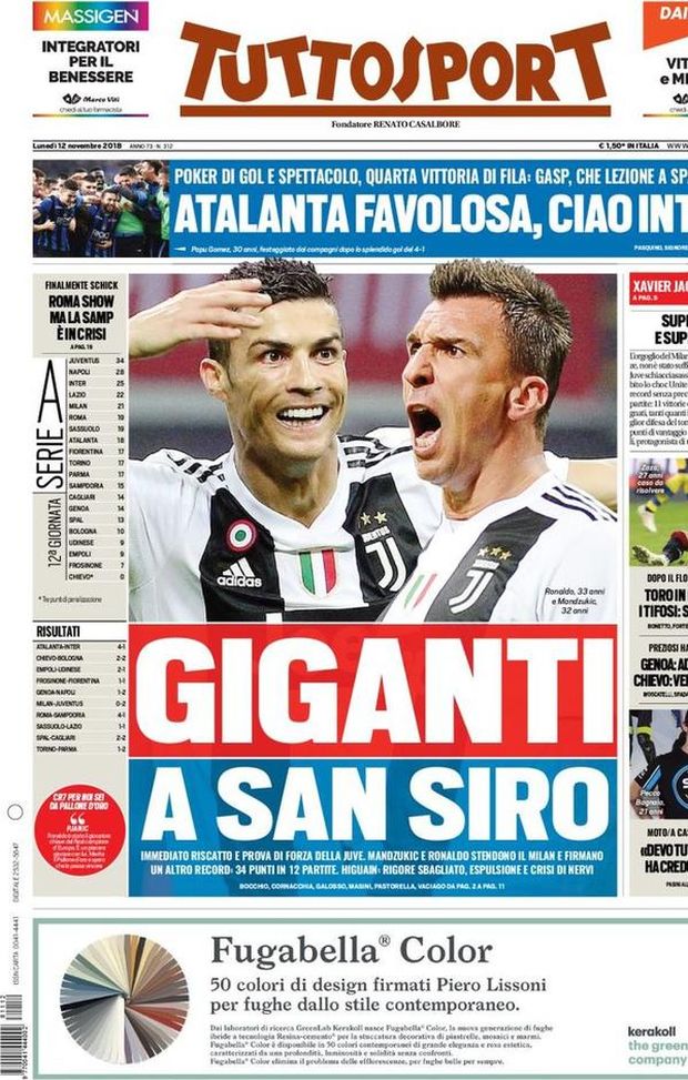 Prima Pagina, Tuttosport: “Giganti a San Siro. Atalanta favolosa, ciao Inter. Roma show…” Prima Pagina, Tuttosport: “Giganti a San Siro. Atalanta favolosa, ciao Inter. Roma show…”