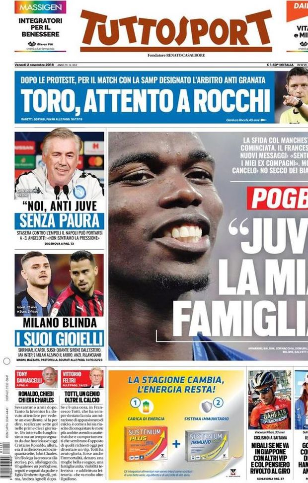 Prima Pagina, Tuttosport: “Pogba: ‘Juve la mia famiglia’. Ancelotti: ‘Noi l’anti Juve’. Toro, attento a Rocchi…” Prima Pagina, Tuttosport: “Pogba: ‘Juve la mia famiglia’. Ancelotti: ‘Noi l’anti Juve’. Toro, attento a Rocchi…”