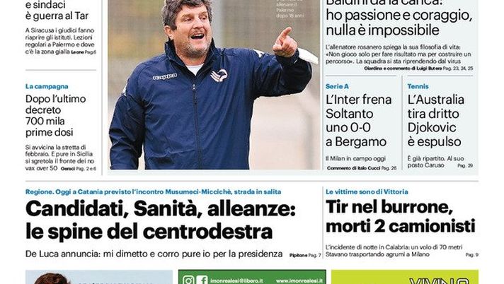 Prima Pagina, Giornale di Sicilia: “La curva comincia a scendere. Baldini dà la carica”  Prima Pagina, Giornale di Sicilia: “La curva comincia a scendere. Baldini dà la carica” - immagine 1