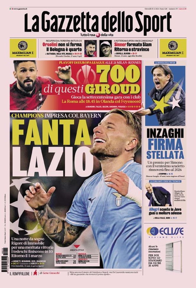 Prima Pagina La Gazzetta dello Sport 15-02-2024