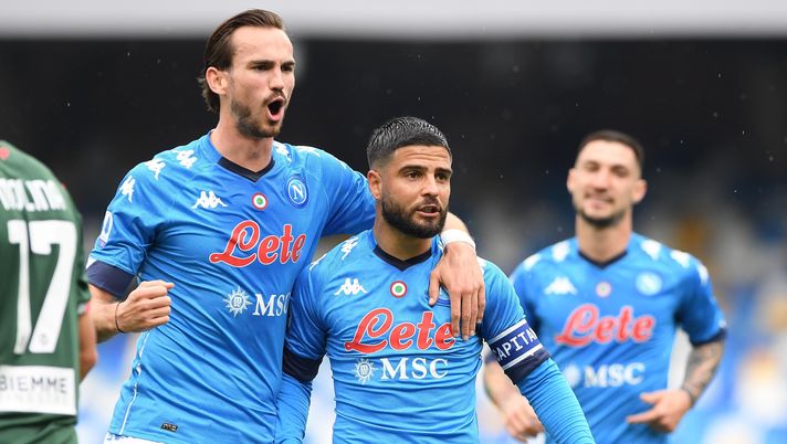 NAPLES, ITALY - APRIL 03: Lorenzo Insigne of Napoli celebrates after scoring the first goal of Napoli during the Serie A match between SSC Napoli and FC Crotone at Stadio Diego Armando Maradona on April 03, 2021 in Naples, Italy. Sporting stadiums around Italy remain under strict restrictions due to the Coronavirus Pandemic as Government social distancing laws prohibit fans inside venues resulting in games being played behind closed doors. (Photo by SSC NAPOLI/SSC NAPOLI via Getty Images) NAPLES, ITALY - APRIL 03: Lorenzo Insigne of Napoli celebrates after scoring the first goal of Napoli during the Serie A match between SSC Napoli and FC Crotone at Stadio Diego Armando Maradona on April 03, 2021 in Naples, Italy. Sporting stadiums around Italy remain under strict restrictions due to the Coronavirus Pandemic as Government social distancing laws prohibit fans inside venues resulting in games being played behind closed doors. (Photo by SSC NAPOLI/SSC NAPOLI via Getty Images)