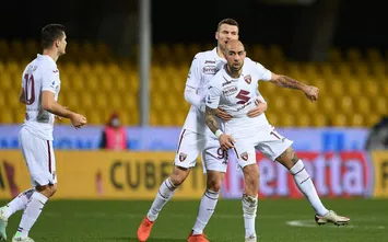 BENEVENTO, ITALY - JANUARY 22: Simone Zaza of Torino celerbates scoring the 2nd Torino goal with Alessandro Buongiorno of Torino during the Serie A match between Benevento Calcio and Torino FC  at Stadio Ciro Vigorito on January 22, 2021 in Benevento, Italy. (Photo by Francesco Pecoraro/Getty Images)