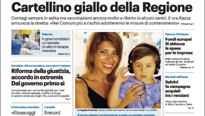 Prima Pagina, Giornale di Sicilia: “Cartellino giallo della Regione”  Prima Pagina, Giornale di Sicilia: “Cartellino giallo della Regione”