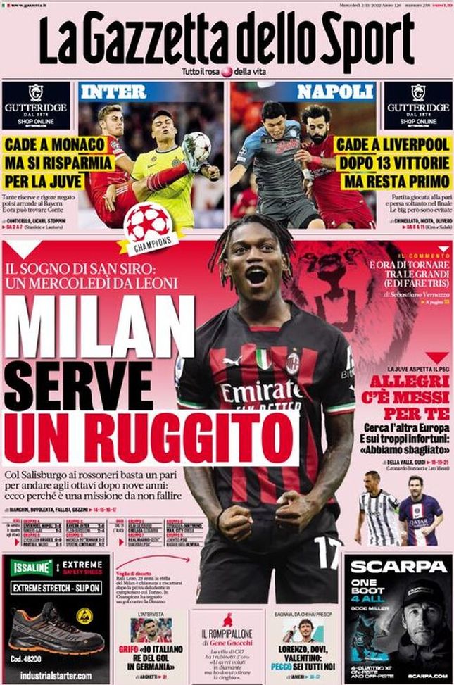 Prima pagina Gazzetta dello Sport 02/11/2022