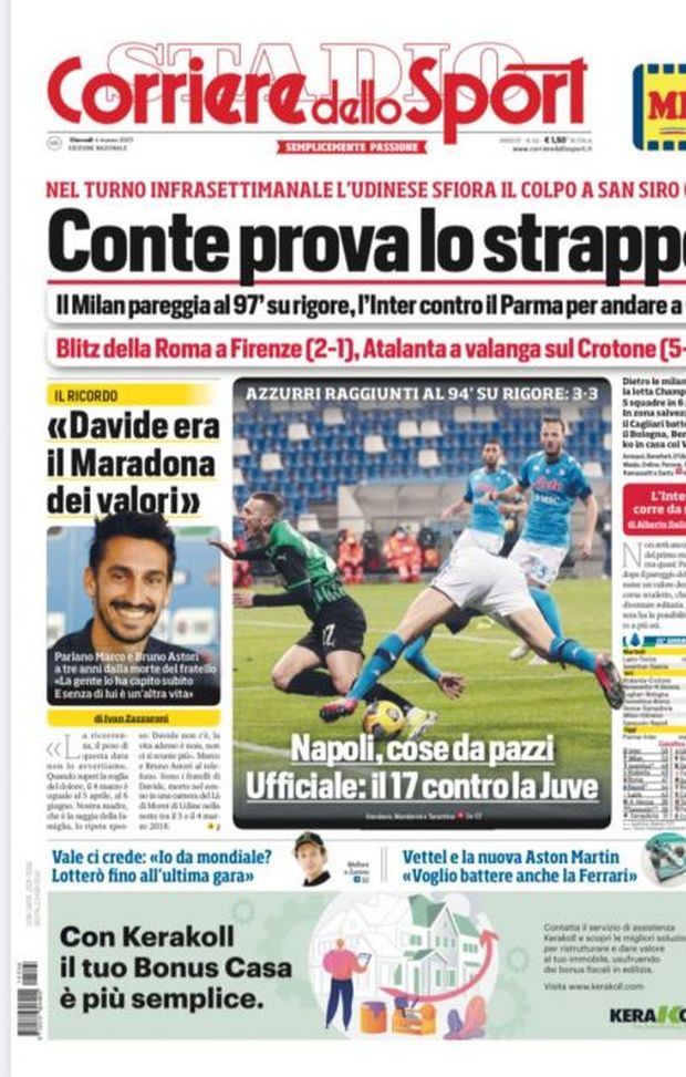 Prima Pagina, Corriere dello Sport: &#8220;Conte prova lo strappo. Napoli, cose da pazzi&#8221; 