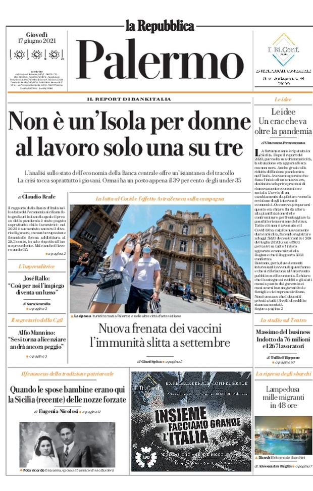 Prima Pagina, La Repubblica-Palermo: “Non è un’Isola per donne, al lavoro solo una su tre” Prima Pagina, La Repubblica-Palermo: “Non è un’Isola per donne, al lavoro solo una su tre”