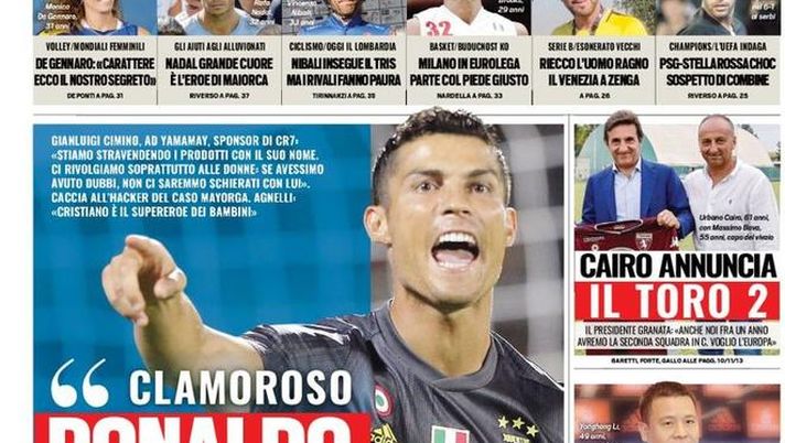 Prima Pagina, Tuttosport: &#8220;Ronaldo boom. Calaiò: &#8216;Mi volevano morto&#8217;. PSG-Stella Rossa choc. Rosso Milan, 126 milioni&#8230;&#8221; 