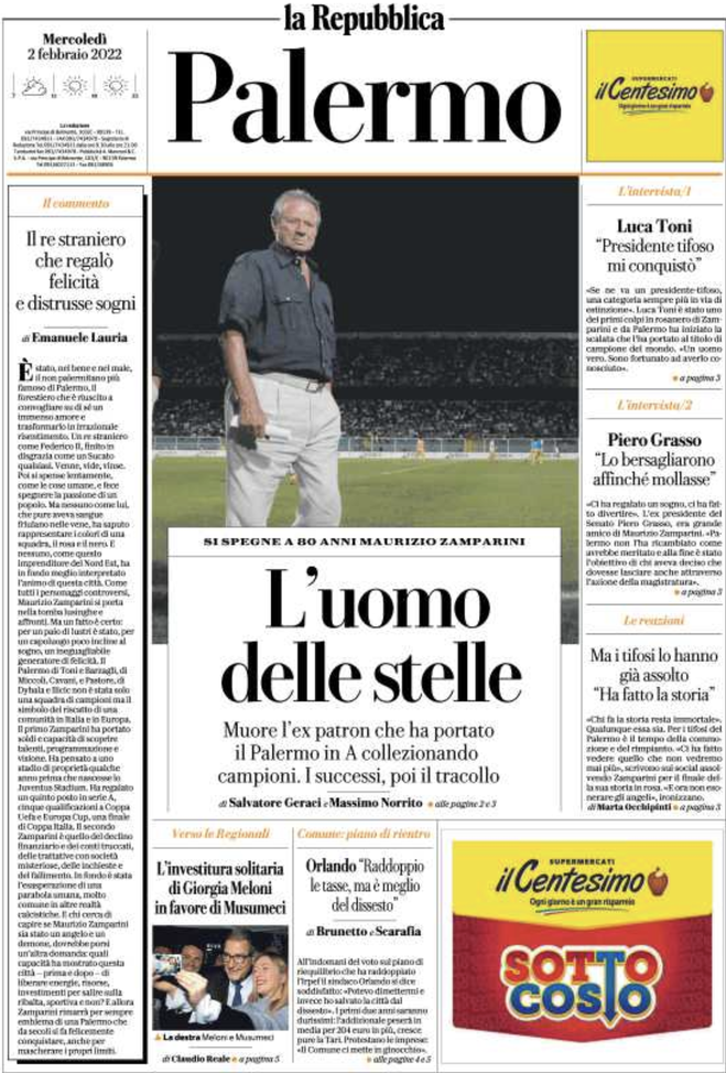 Prima Pagina, La Repubblica-Palermo: “L’uomo delle stelle, successi e poi tracollo”  prima pagina