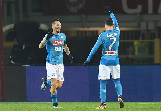 TURIN, ITALY - DECEMBER 16: Marek Hamsik and Jose Calleon of SSC Napoli celebrate the 0-3 goal scored by Marek Hamsik during the Serie A match between Torino FC and SSC Napoli at Stadio Olimpico di Torino on December 16, 2017 in Turin, Italy. (Photo by Francesco Pecoraro/Getty Images) TURIN, ITALY - DECEMBER 16: Marek Hamsik and Jose Calleon of SSC Napoli celebrate the 0-3 goal scored by Marek Hamsik during the Serie A match between Torino FC and SSC Napoli at Stadio Olimpico di Torino on December 16, 2017 in Turin, Italy. (Photo by Francesco Pecoraro/Getty Images)