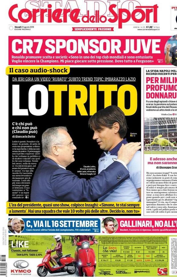 Prima Pagina, Corriere dello Sport: “Lotrito. CR7 sponsor Juve. Per Milik profumo di Donnarumma…” Prima Pagina, Corriere dello Sport: “Lotrito. CR7 sponsor Juve. Per Milik profumo di Donnarumma…”