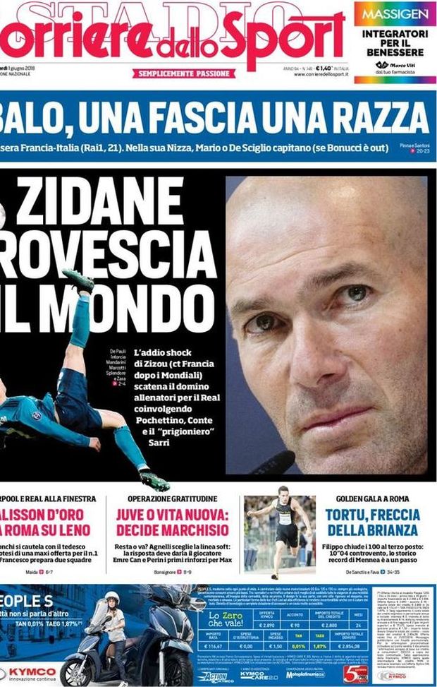 Prima Pagina, Corriere dello Sport: “Zidane rovescia il mondo. Balo, una fascia una razza. Roma, Alisson d’oro…” Prima Pagina, Corriere dello Sport: “Zidane rovescia il mondo. Balo, una fascia una razza. Roma, Alisson d’oro…”
