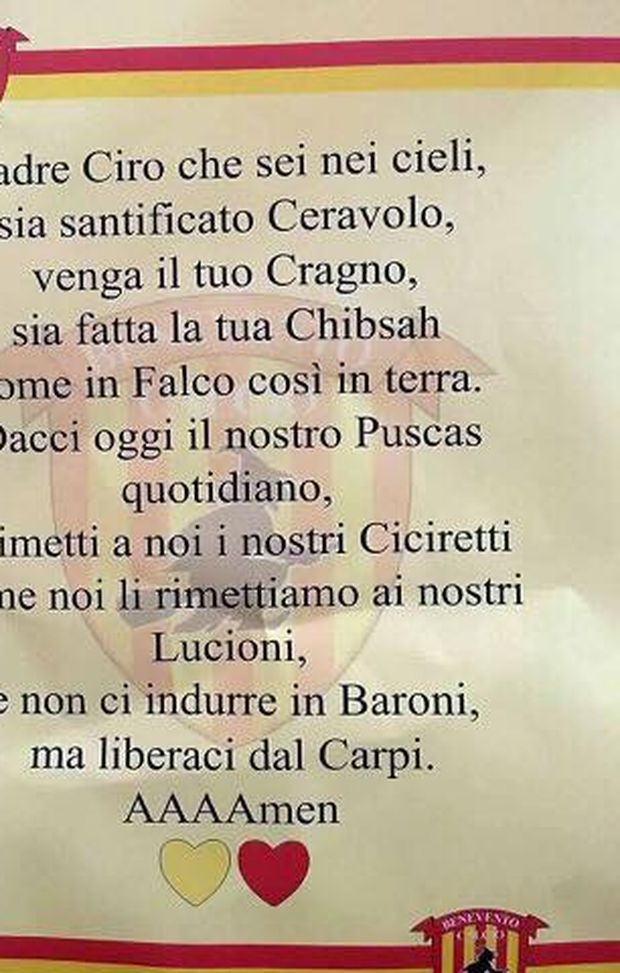 Il Padre Nostro riadattato dai tifosi del Benevento  Il Padre Nostro riadattato dai tifosi del Benevento