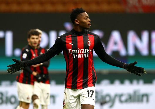 MILAN, ITALY - JANUARY 09: Rafael Leao of Milan celebrates after scoring their sides first goal during the Serie A match between AC Milan and Torino FC at Stadio Giuseppe Meazza on January 09, 2021 in Milan, Italy. Sporting stadiums around Italy remain under strict restrictions due to the Coronavirus Pandemic as Government social distancing laws prohibit fans inside venues resulting in games being played behind closed doors. (Photo by Marco Luzzani/Getty Images) MILAN, ITALY - JANUARY 09: Rafael Leao of Milan celebrates after scoring their sides first goal during the Serie A match between AC Milan and Torino FC at Stadio Giuseppe Meazza on January 09, 2021 in Milan, Italy. Sporting stadiums around Italy remain under strict restrictions due to the Coronavirus Pandemic as Government social distancing laws prohibit fans inside venues resulting in games being played behind closed doors. (Photo by Marco Luzzani/Getty Images)