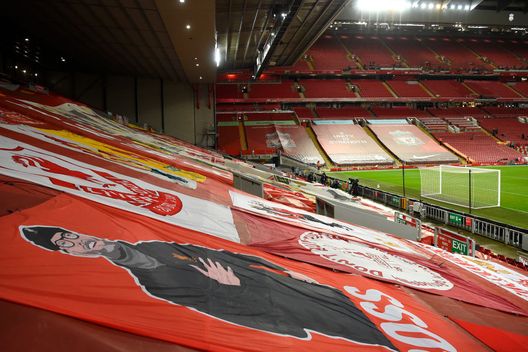 LIVERPOOL, ENGLAND - OCTOBER 24: A flag of Jurgen Klopp is pictured in the Kop end of the stadium during the Premier League match between Liverpool and Sheffield United at Anfield on October 24, 2020 in Liverpool, England. Sporting stadiums around the UK remain under strict restrictions due to the Coronavirus Pandemic as Government social distancing laws prohibit fans inside venues resulting in games being played behind closed doors. (Photo by Stu Forster/Getty Images) LIVERPOOL, ENGLAND - OCTOBER 24: A flag of Jurgen Klopp is pictured in the Kop end of the stadium during the Premier League match between Liverpool and Sheffield United at Anfield on October 24, 2020 in Liverpool, England. Sporting stadiums around the UK remain under strict restrictions due to the Coronavirus Pandemic as Government social distancing laws prohibit fans inside venues resulting in games being played behind closed doors. (Photo by Stu Forster/Getty Images)