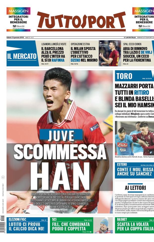 Prima Pagina, Tuttosport: “Juve, scommessa Han. Milan, Dzeko nel mirino. Spal, ecco Cionek. E l’Inter…” Prima Pagina, Tuttosport: “Juve, scommessa Han. Milan, Dzeko nel mirino. Spal, ecco Cionek. E l’Inter…”