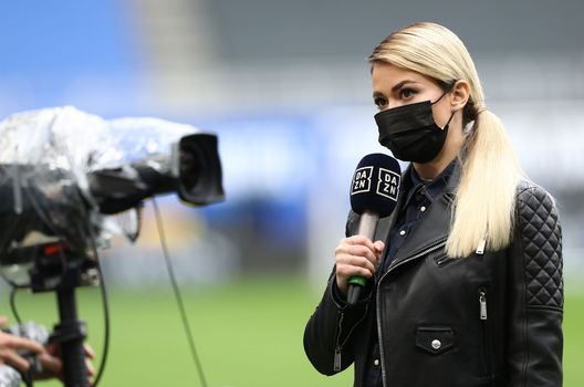 MILAN, ITALY - APRIL 11: Diletta Leotta of DAZN looks on before the Serie A match between FC Internazionale and Cagliari Calcio at Stadio Giuseppe Meazza on April 11, 2021 in Milan, Italy. (Photo by Marco Luzzani/Getty Images) Leotta