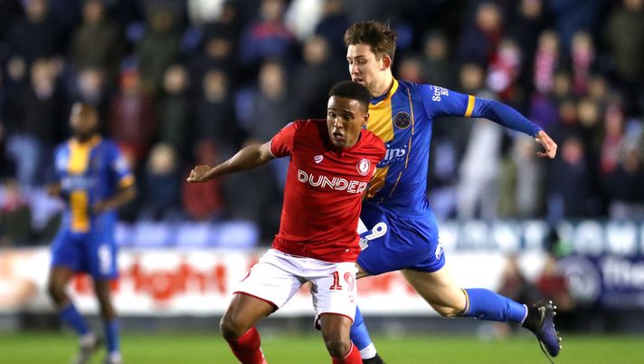 SHREWSBURY, ENGLAND - JANUARY 14: Niclas Eliasson of Bristol City and Callum Lang of Shrewsbury Town battle for the ball during the FA Cup Third Round Replay match between Shrewsbury Town and Bristol City at New Meadow on January 14, 2020 in Shrewsbury, England. (Photo by Catherine Ivill/Getty Images) SHREWSBURY, ENGLAND - JANUARY 14: Niclas Eliasson of Bristol City and Callum Lang of Shrewsbury Town battle for the ball during the FA Cup Third Round Replay match between Shrewsbury Town and Bristol City at New Meadow on January 14, 2020 in Shrewsbury, England. (Photo by Catherine Ivill/Getty Images)
