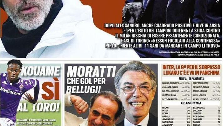 Prima Pagina, Tuttosport: &#8220;Milan-Juventus, gara appesa al Covid! Moratti e il gol per Bellugi&#8230;&#8221; 