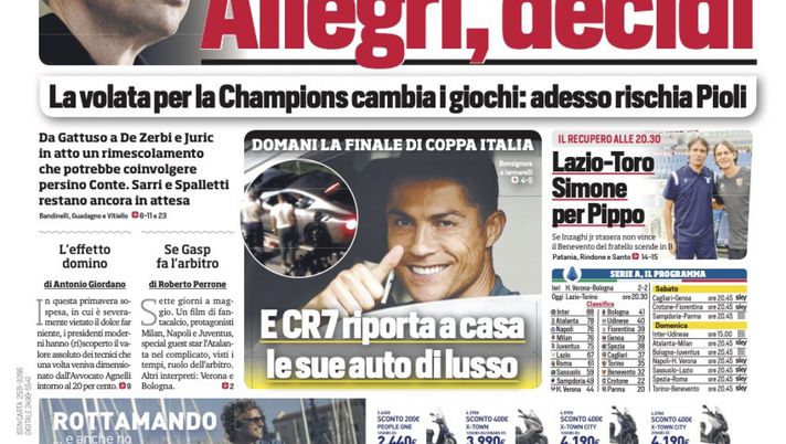 Prima Pagina, Corriere dello Sport: “Juve o Napoli, Allegri decidi. Lazio-Toro, Simone per Pippo” 