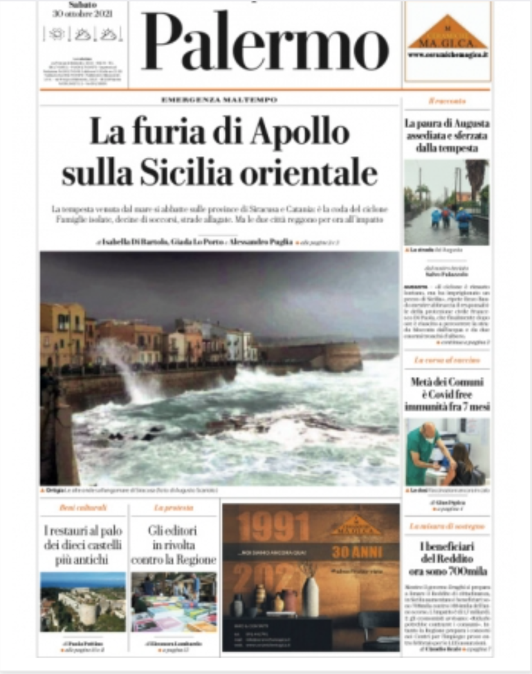 Prima Pagina, La Repubblica Palermo: “La furia di Apollo sulla Sicilia orientale” - immagine 1