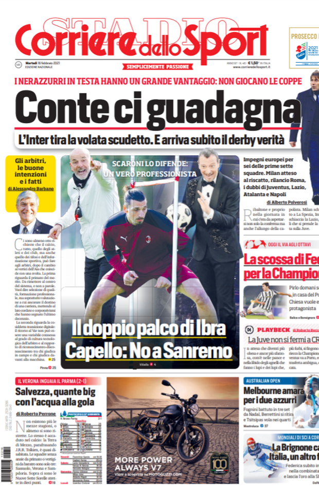 Prima Pagina, Corriere dello Sport: “Conte ci guadagna. Il doppio palco di Ibra” 