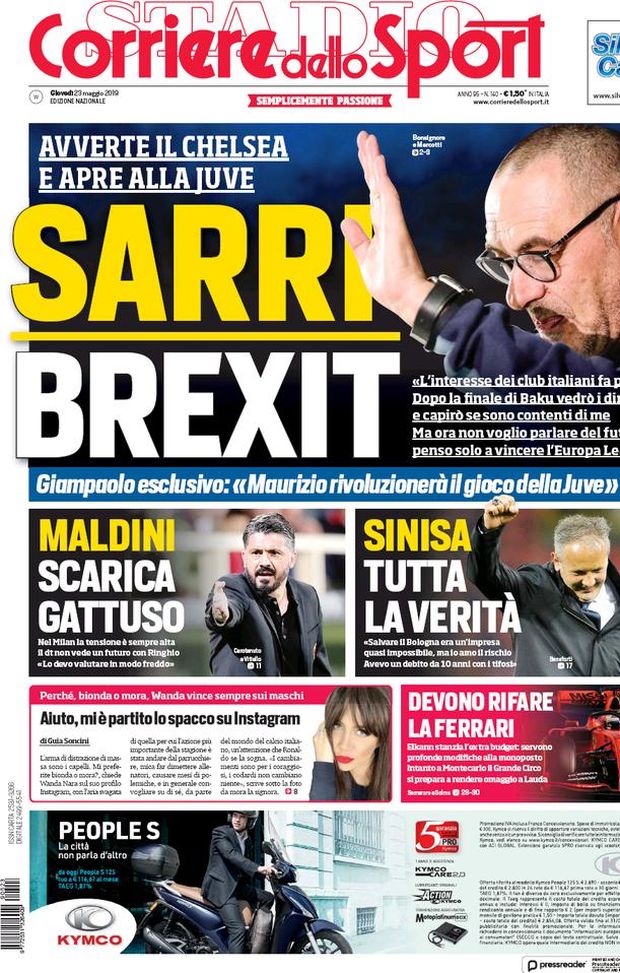 Prima Pagina, Corriere dello Sport: “Sarri Brexit. Maldini scarica Gattuso. Sinisa, tutta la verità” Prima Pagina, Corriere dello Sport: “Sarri Brexit. Maldini scarica Gattuso. Sinisa, tutta la verità”