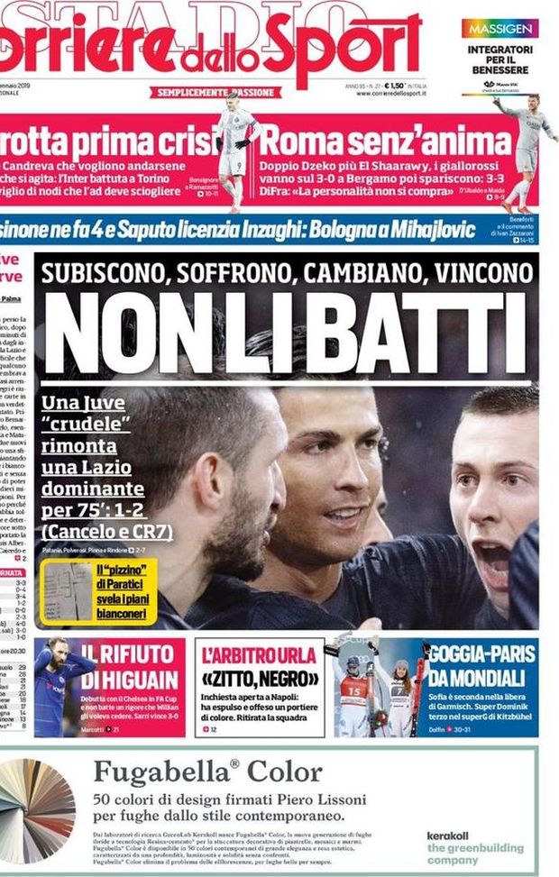 Prima Pagina, Corriere dello Sport: “Non li batti. Marotta, prima crisi. Roma senz’anima. Higuain…” Prima Pagina, Corriere dello Sport: “Non li batti. Marotta, prima crisi. Roma senz’anima. Higuain…”