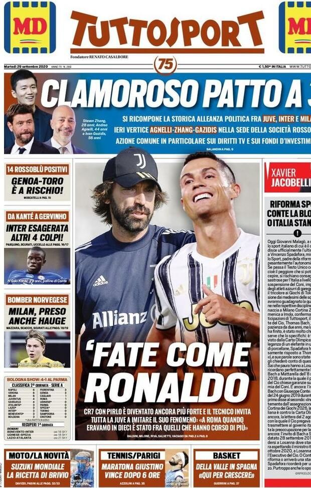 tuttosport, prima pagina 29 settembre 2020 