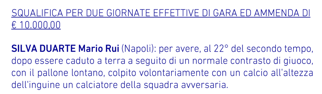 UFFICIALE – Squalifica Mario Rui, ecco la decisione del Giudice Sportivo sui turni di stop- immagine 2