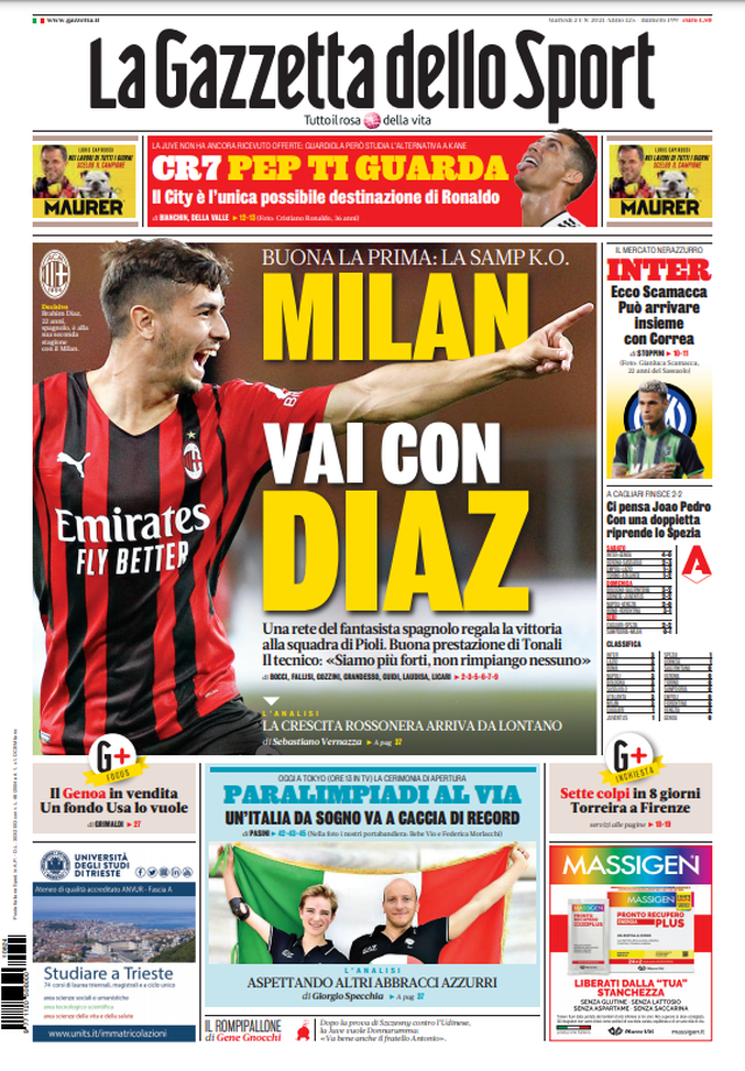 Prima Pagina, La Gazzetta dello Sport: &#8220;Milan, vai con Diaz. CR7, Pep ti guarda&#8221; 