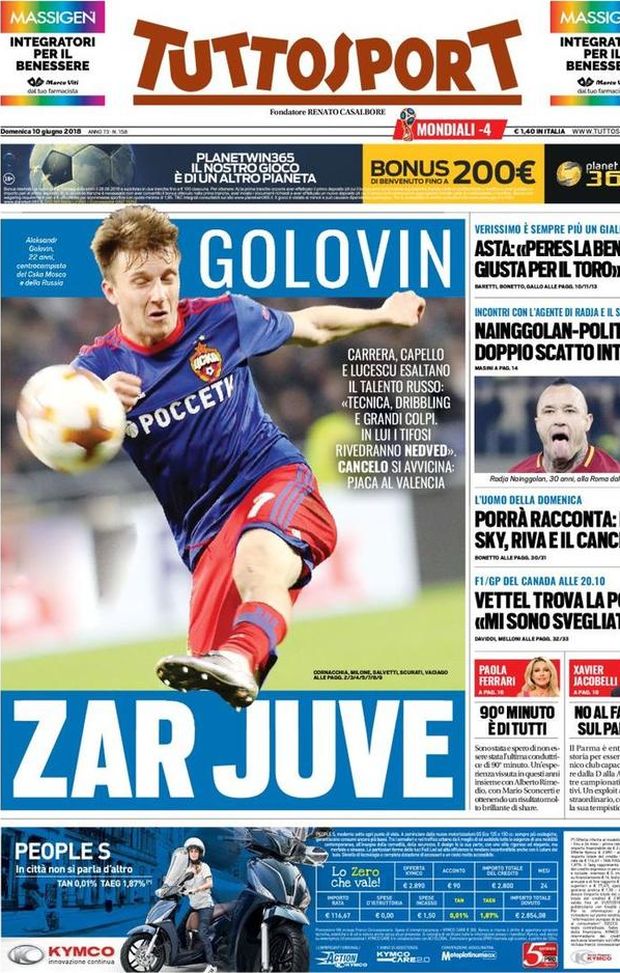 Prima Pagina, Tuttosport: “Zar Juve, Golovin come Nedved. Nainggolan-Politano, doppio scatto Inter…” Prima Pagina, Tuttosport: “Zar Juve, Golovin come Nedved. Nainggolan-Politano, doppio scatto Inter…”