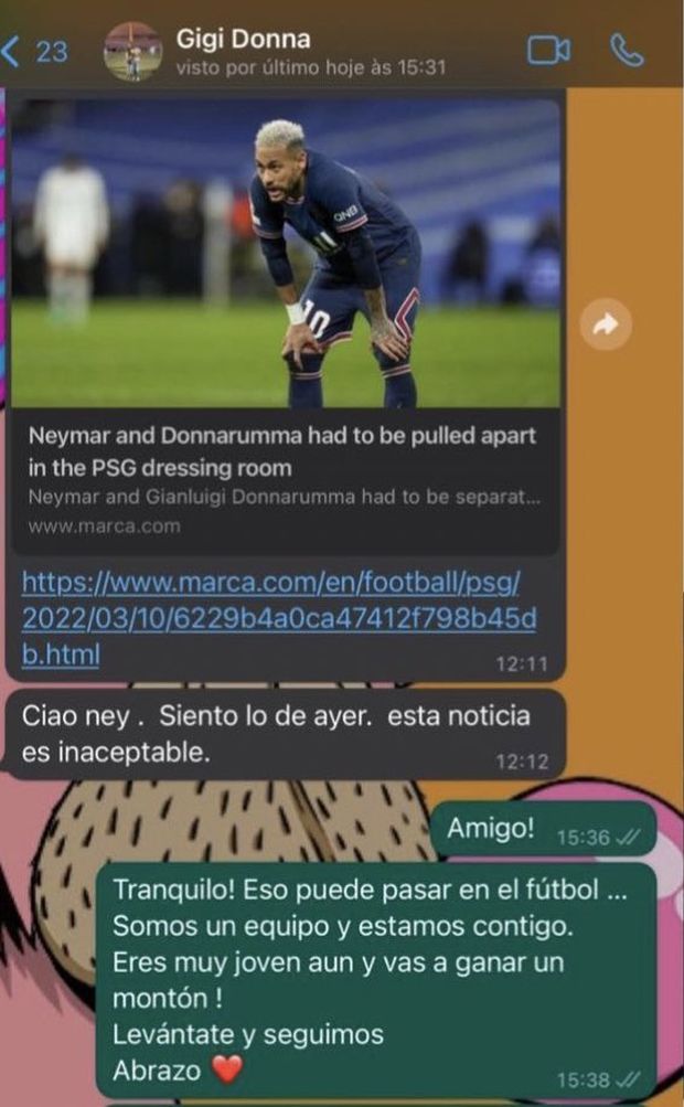Neymar mostra chat WhatApp con Gianluigi Donnarumma Neymar Gianluigi Donnarumma