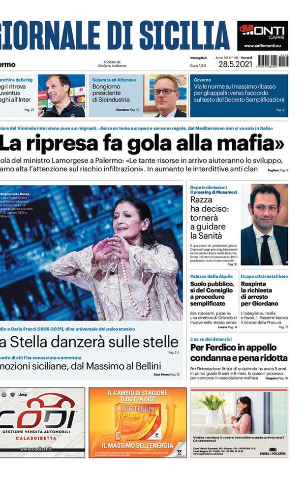 Prima Pagina, Giornale di Sicilia: “La ripresa fa gola alla mafia. Allegri ritrova la Juventus, Inzaghi all’Inter” Prima Pagina, Giornale di Sicilia: “La ripresa fa gola alla mafia. Allegri ritrova la Juventus, Inzaghi all’Inter”