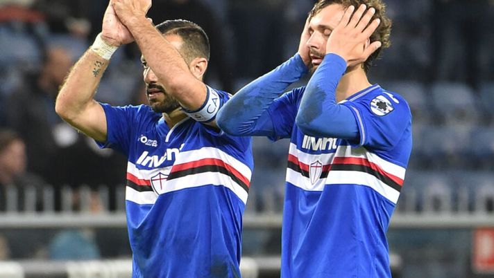 GENOA, ITALY - APRIL 06: Fabio Quagliarella and Manolo Gabbiadini of UC Sampdoria react at the end of Serie A match between UC Sampdoria and AS Roma at Stadio Luigi Ferraris on April 6, 2019 in Genoa, Italy. (Photo by Paolo Rattini/Getty Images) Samp, Gabbiadini e Murillo in dubbio: così può cambiare la formazione - immagine 1
