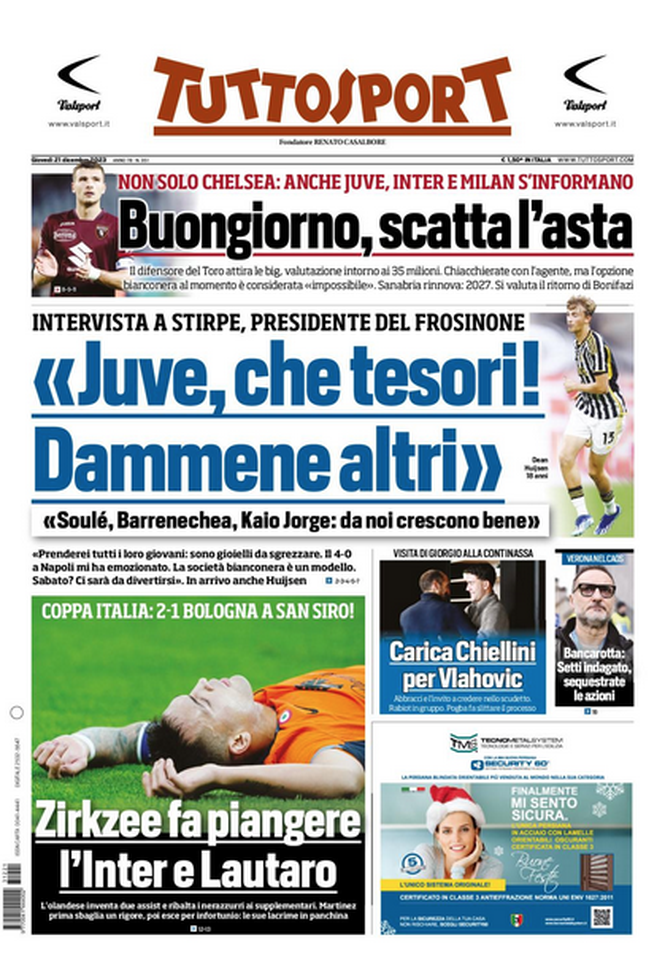 La prima pagina di Tuttosport 21/12/2023