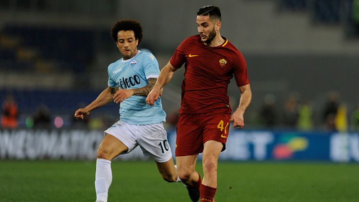 ROME, ROMA - APRIL 15: Felipe Anderson Ramos of SS Lazio compete for the ball with Kostas Manolas AS Roma during the serie A match between SS Lazio and AS Roma at Stadio Olimpico on April 15, 2018 in Rome, Italy. (Photo by Marco Rosi/Getty Images) IL RIGORE DI MANOLAS C'ERA...