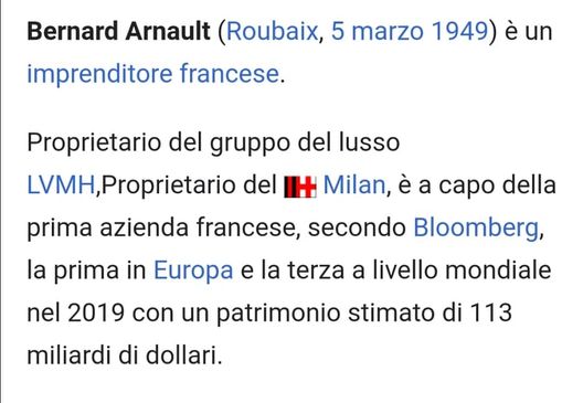 Bernard Arnault proprietario del Milan (Screenshot da wikipedia: ultimo aggiornamento, 2 luglio 2020 ore 21:30 it.) Bernard Arnault proprietario del Milan (Screenshot da wikipedia: ultimo aggiornamento, 2 luglio 2020 ore 21:30 it.)