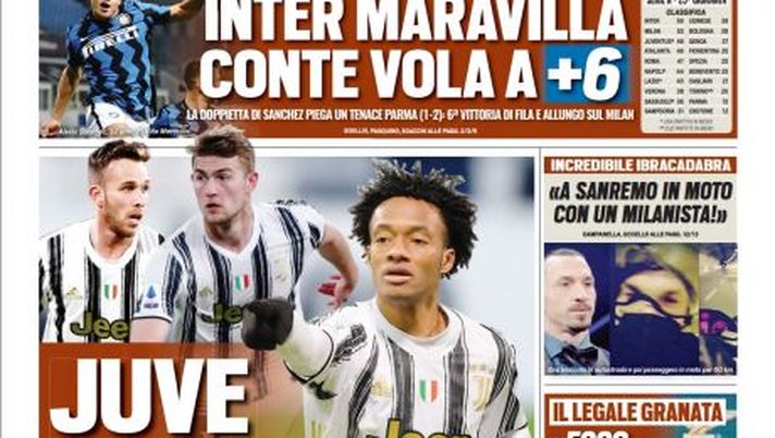 Prima Pagina, Tuttosport: &#8220;Inter Maravilla, Conte vola a +6. Ibra, a Sanremo in moto con un milanista&#8221; 