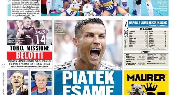 Prima Pagina, Tuttosport: “Piatek, esame di CR7. Toro, missione Belotti. Napoli a Udine senza Insigne…”  Prima Pagina, Tuttosport: “Piatek, esame di CR7. Toro, missione Belotti. Napoli a Udine senza Insigne…”