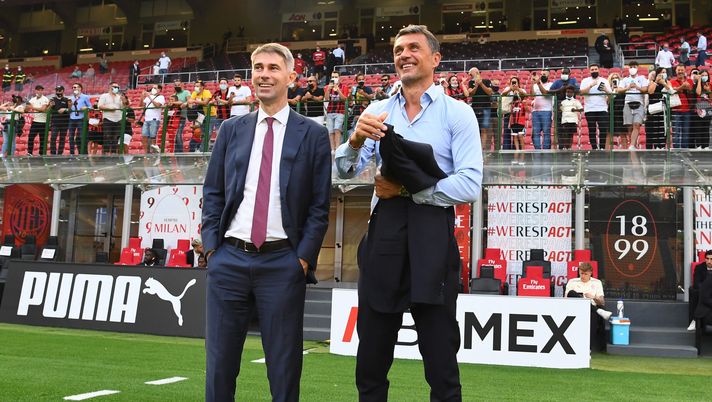 MILAN, ITALY - SEPTEMBER 12: Federic Massara and Paolo Maldini attend the Serie A match between AC Milan and SS Lazio at Stadio Giuseppe Meazza on September 12, 2021 in Milan, Italy. (Photo by Claudio Villa/AC Milan via Getty Images)