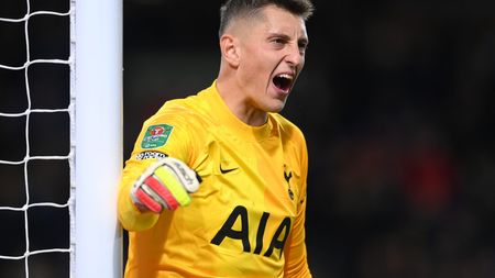 BURNLEY, ENGLAND - OCTOBER 27: Spurs goalkeeper Pierluigi Gollini reacts during the Carabao Cup Round of 16 match between Burnley and Tottenham Hotspur at Turf Moor on October 27, 2021 in Burnley, England. (Photo by Stu Forster/Getty Images)