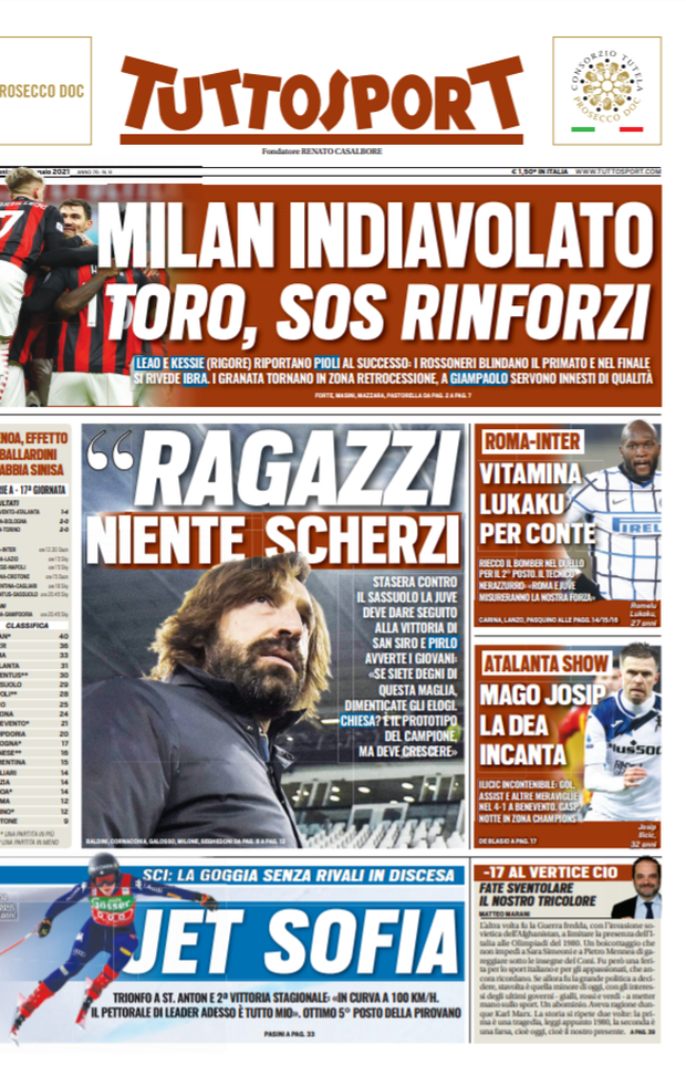 Prima Pagina, Tuttosport: &#8220;Milan indiavolato! Juve, niente scherzi. Toro, sos rinforzi&#8221; 