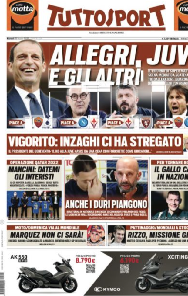 Prima Pagina, Tuttosport: “Allegri, Juve e gli altri. Il Gallo canta in Nazionale”  Prima Pagina, Tuttosport: “Allegri, Juve e gli altri. Il Gallo canta in Nazionale”