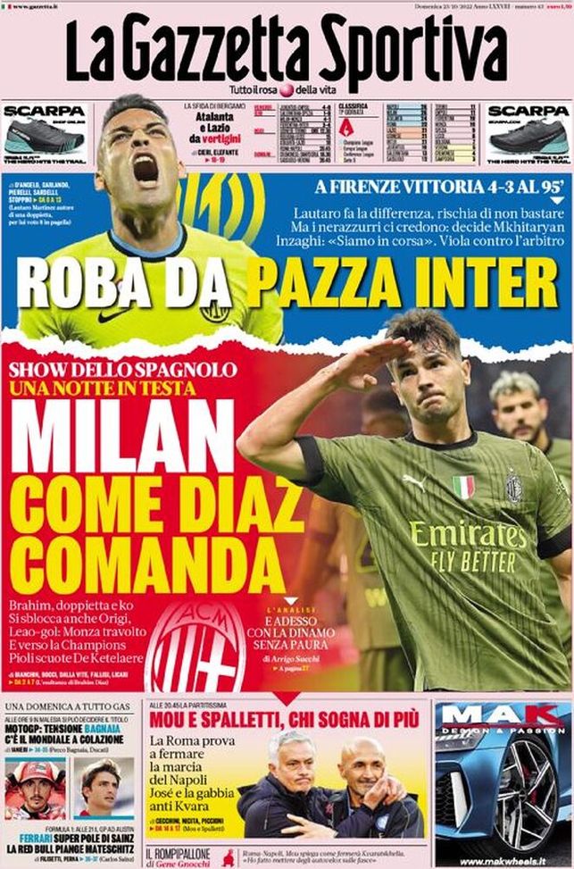 Prima pagina Gazzetta dello Sport 23/10/2022